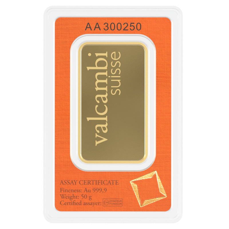 Valcambi Suisse 50g Gold Bar – Certified Bar