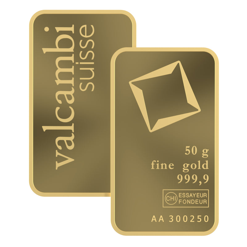 Valcambi Suisse 50g Gold Bar – Certified Bar
