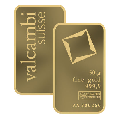 Valcambi Suisse 50g Gold Bar – Certified Bar