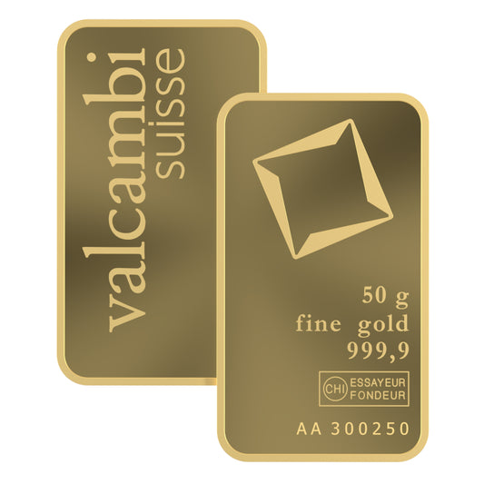 Valcambi Suisse 50g Gold Bar – Certified Bar