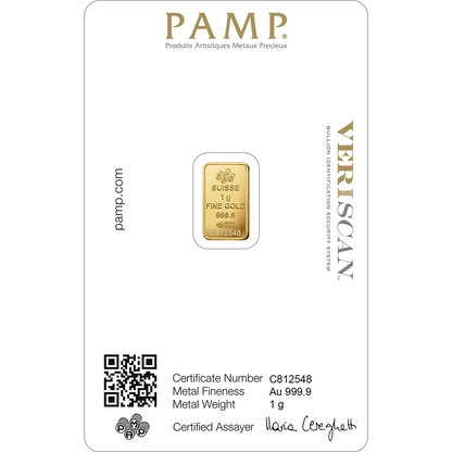 PAMP 1g Gold Bar 24K 9999 Purity