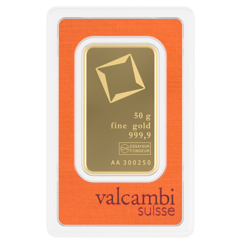 Valcambi Suisse 50g Gold Bar – Certified Bar