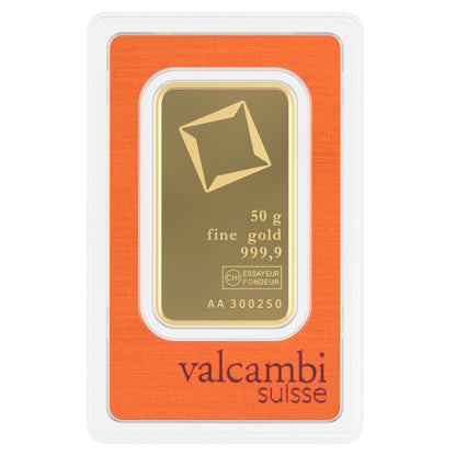 Valcambi Suisse 50g Gold Bar – Certified Bar