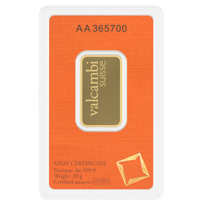 Valcambi Suisse 20g Gold Bar – Certified Bar