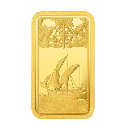 1-ounce Emirates Gold bar featuring Dhow ship design, detailed etching and compass motif, perfect for collectors.