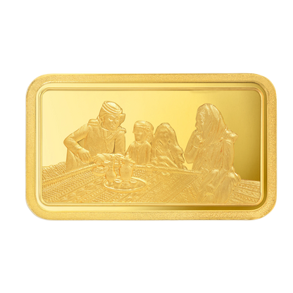 Gold bar featuring a family gathering scene, part of the Emirates Gold 1 Ounce Gold Bar – The Family Collection.