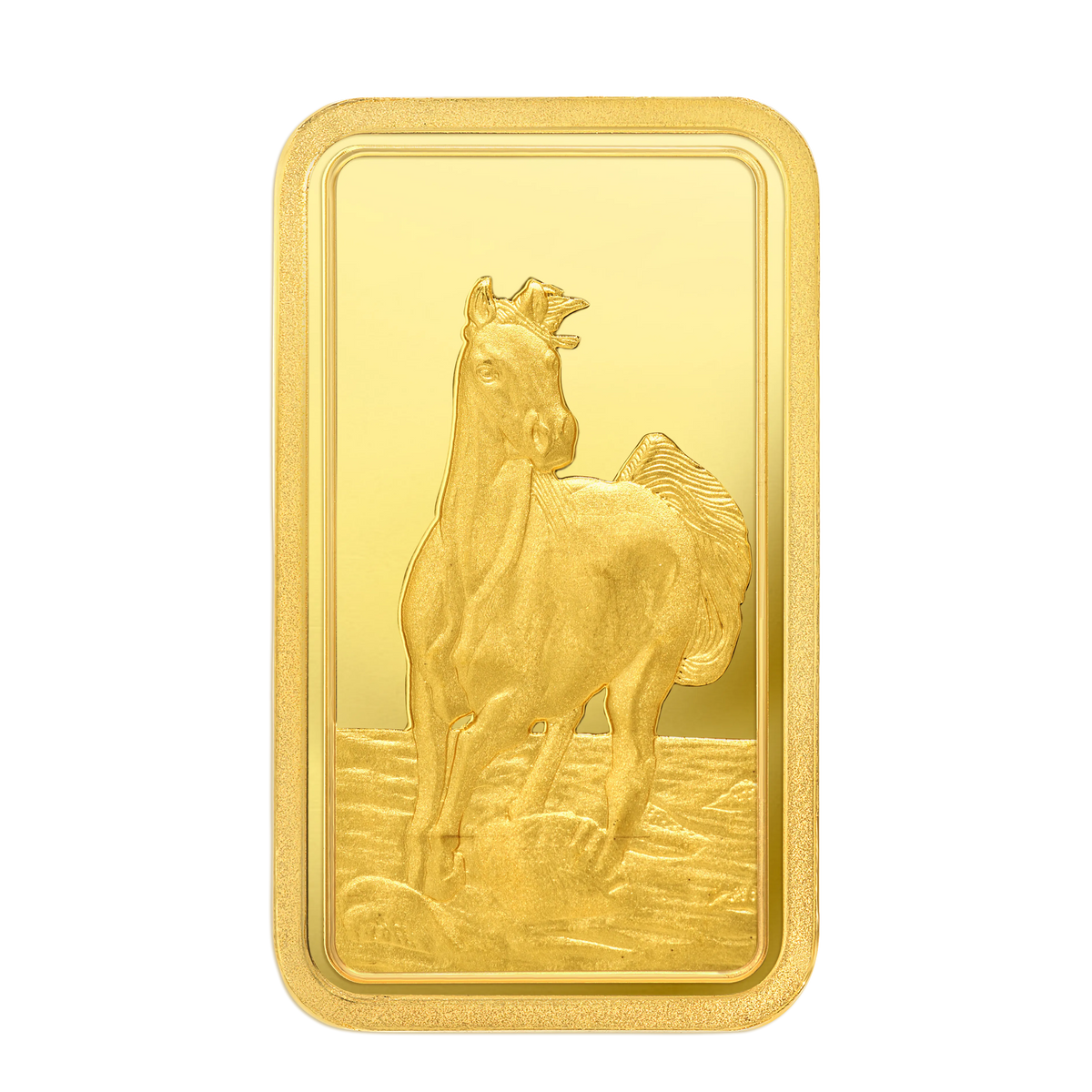 1 Ounce Emirates Gold Bar featuring an intricate horse design, part of the exclusive Horse Collection.