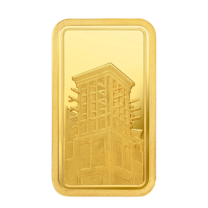 Emirates Gold 1 Ounce Gold Bar from The Wind Tower Collection, featuring an intricate wind tower design.